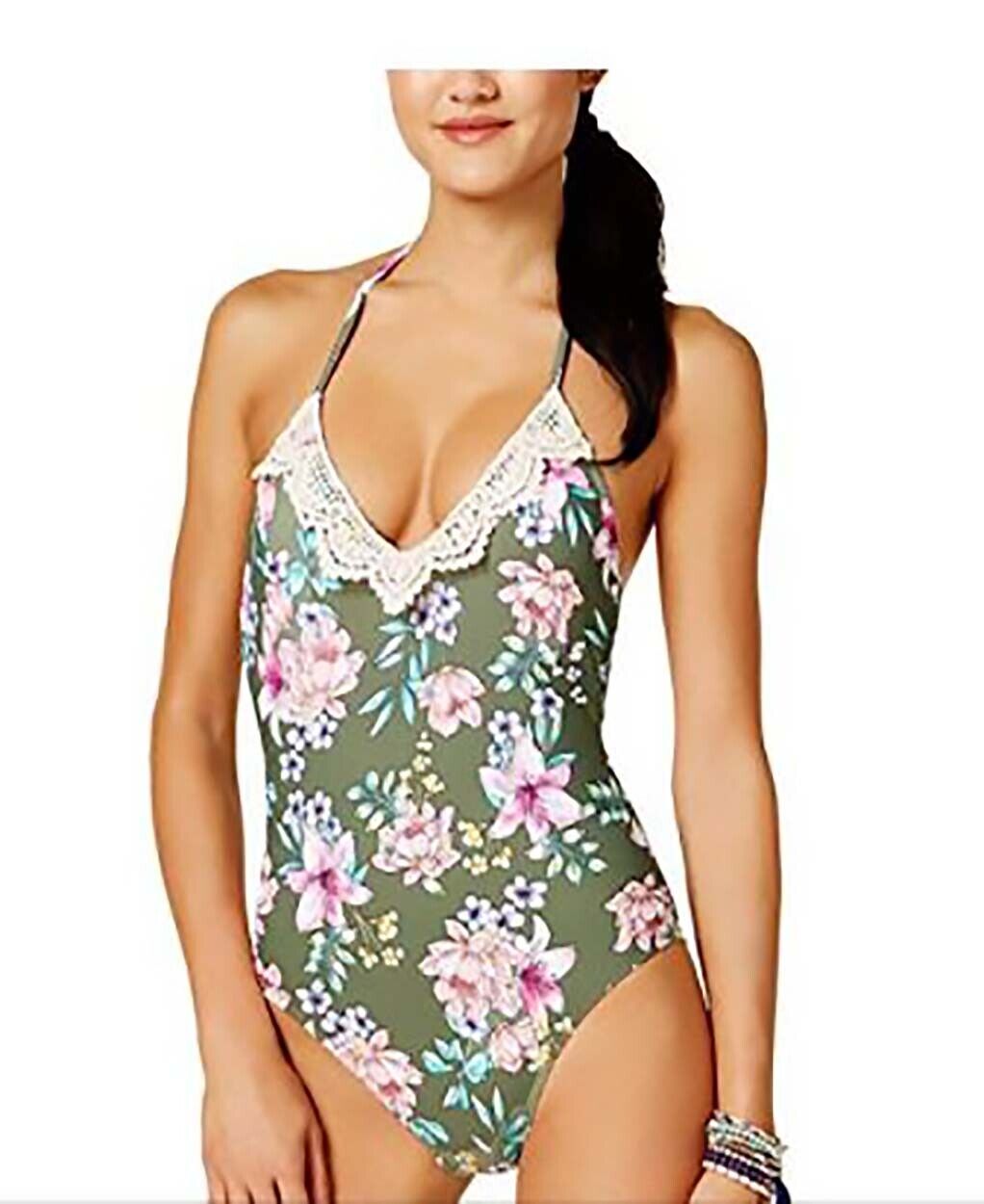 Hula Honey Womens Tropic Romance Floral-Print Halter One-Piece Swimsuit, OLIV, S